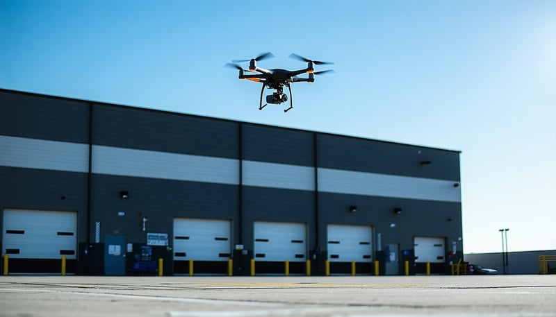 Drone conducting inspection of a commercial building Drone conducting inspection of a commercial building