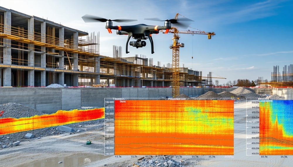 Drone capturing thermal and visual data over a construction site